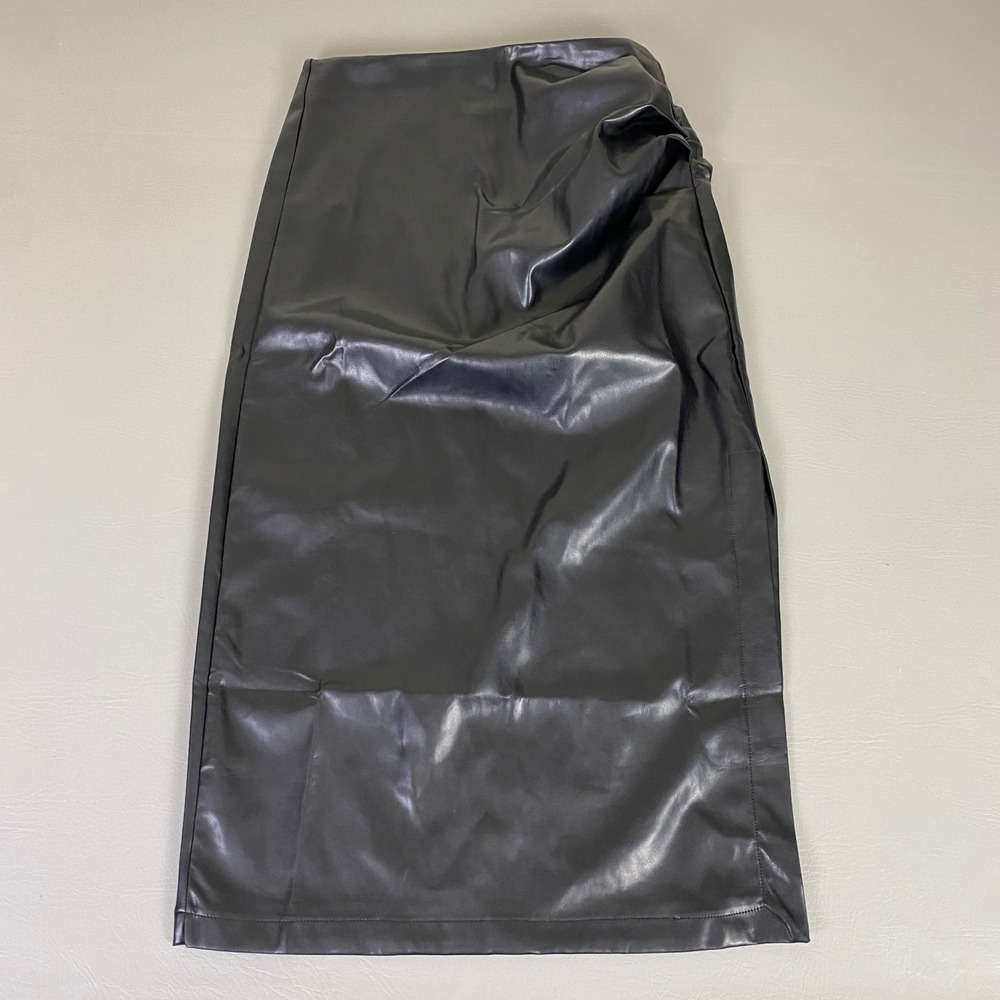 COMMENSE Faux Leather Midi Skirt Women's Size M Black Polyurethane Polyester NEW